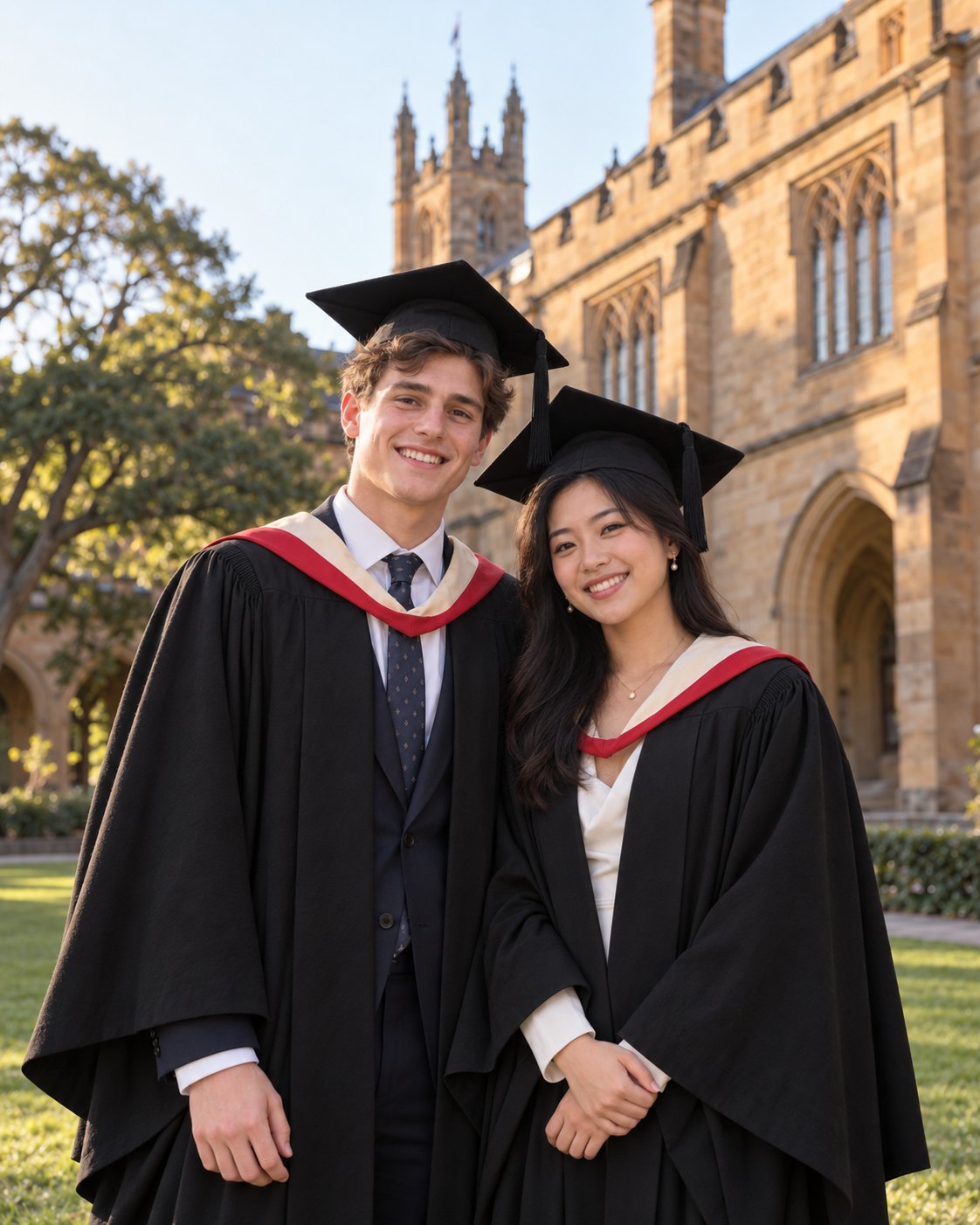 两位国际学生毕业生身着学士服,在砂岩建筑的大学校园里笑着合影