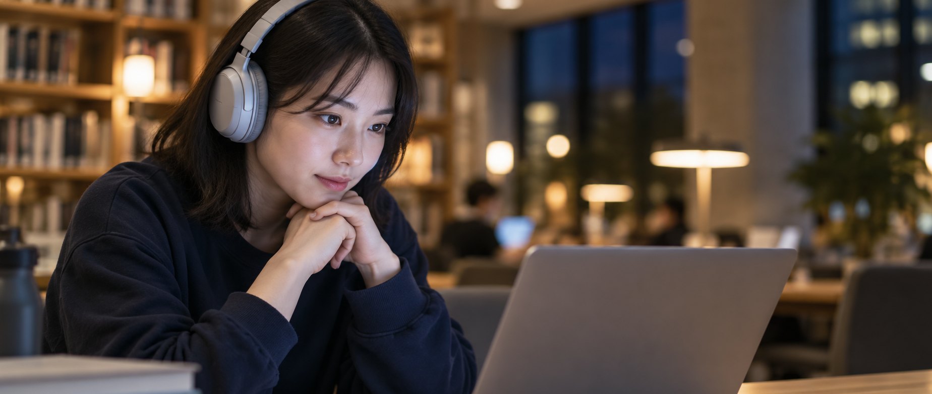 一位戴着耳机的学生深夜在图书馆用笔记本电脑查找大学资料
